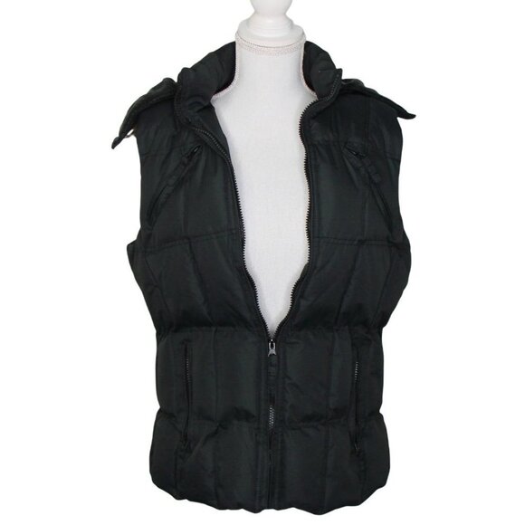 Snow Dolls Full Zip Hooded Puffy Puffer Vest Warm Black Logo Faux Fur Hood Sz L - Picture 2 of 14